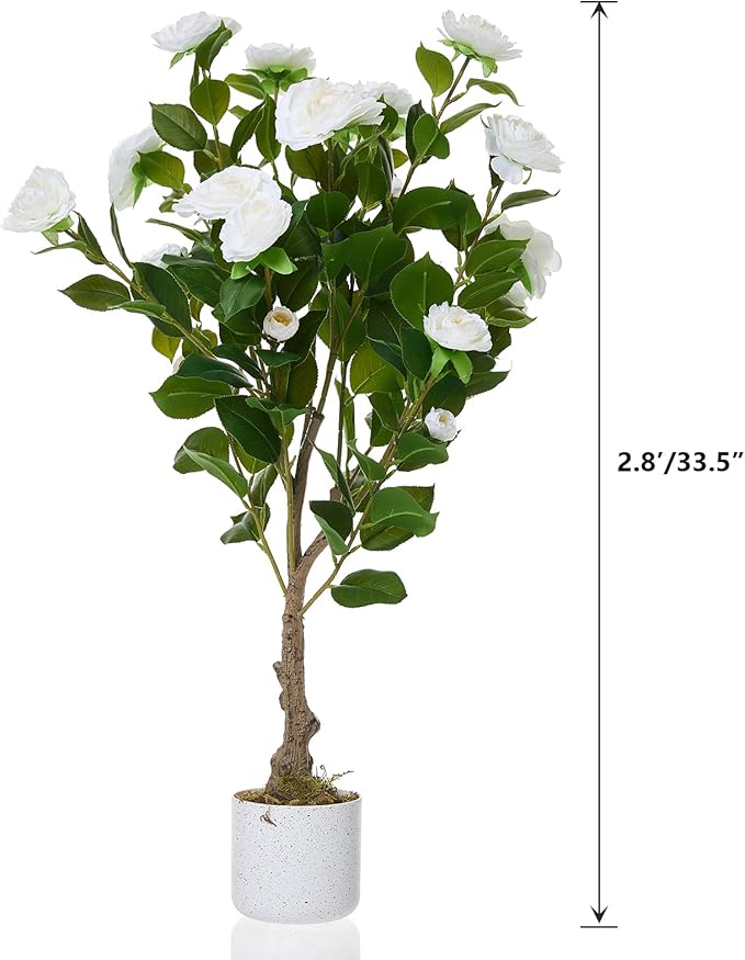 Garvee 2.8FT Artificial Camellia Tree 2 Pack, Faux Camellia Plant with White Planter and 20 White Flowers, 34" Fake Potted Flower Trees for Home and Office Decor