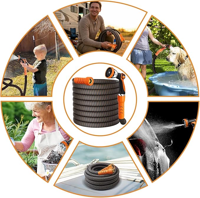 100FT Flexible Lightweight Garden Hose w/ 10Pattern Spray Nozzle,3/4 Inch,2026 Braided Elastic Garden Hose,Triple Latex Core,No-Kink,Anti-Burst,Leak-Proof,Easy Use&Storage (OrangeBlack)