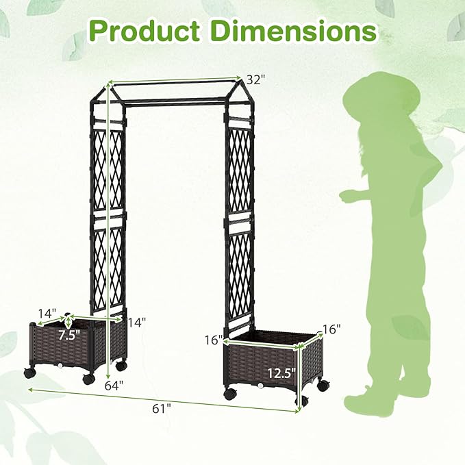 Giantex Planter Boxes with Arch Trellis, 5FT Self-Watering Tall Raised Garden Bed w/Wheels, Hanging Roof & Drainage Holes, Outdoor Indoor Tomato Planter for Climbing Vines Vegetables (61"x16"x64")