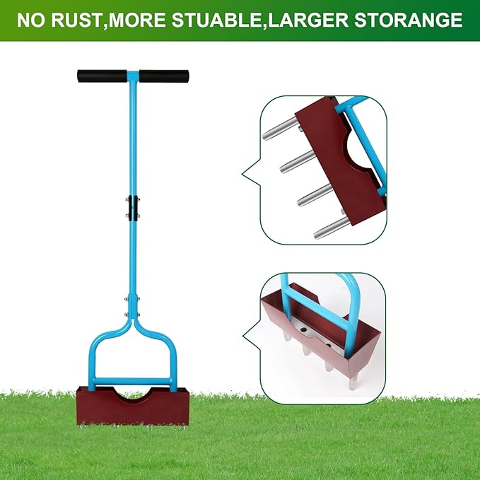 Aerator Lawn Tool with Larger Soil Core Storage Tray, 38” Height Core Aerator,Manual Aerator Lawn Tool,Lawn coring Aerator with 4 Stainless Tines,Grass Aerator for Lawn Care,Tool for Garden
