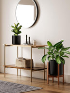 LE TAUCI 10 Inch Planter with Acacia Wood Stand, Ceramic Planter for Indoor Plants with Plant Holder, Mid-Century Modern Home Decor, Round Flower Pots with Drainage Hole, Black