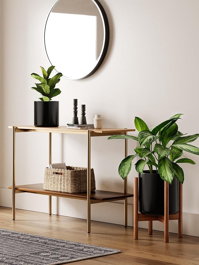 LE TAUCI 10 Inch Planter with Acacia Wood Stand, Ceramic Planter for Indoor Plants with Plant Holder, Mid-Century Modern Home Decor, Round Flower Pots with Drainage Hole, Black