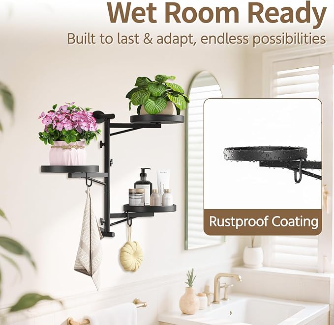 LASZOLA Rotating Plant Hangers Shelves Wall Mounted Indoor, 3 Tier Metal Window Plant Hanging Holders, Morden Floating Flower Display Stand with 2 Hooks for Kitchen Bathroom Decor, Black
