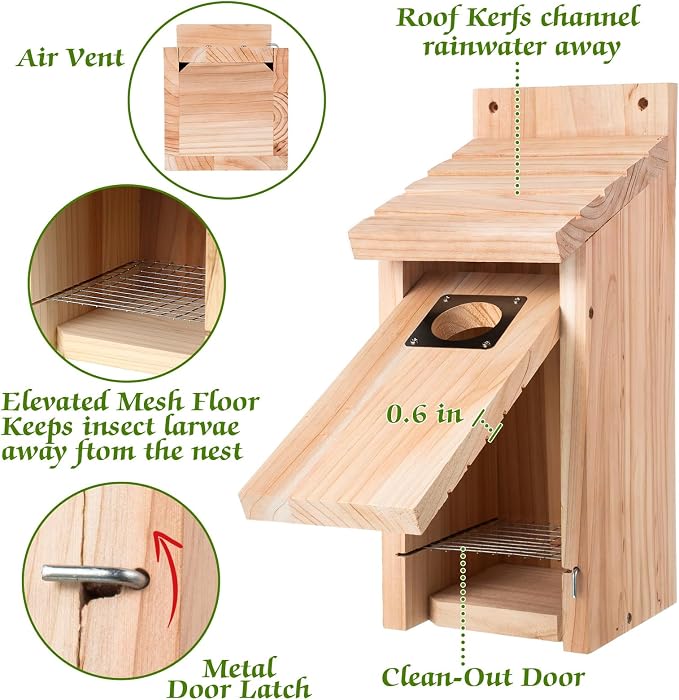 Dreyoo 2 Pack Bluebird Box Houses for Outside,1-1/2'' Entrance Hole Wooden Bird Houses with Metal Guard, Secure Latch,Fledgling Grooves,Air Vents for Bluebird Wren Swallow(Wood)