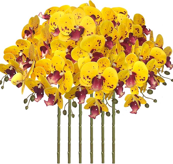 FagusHome 32 Inch Artificial Phalaenopsis Flowers 6 Pcs Artificial Orchid Flowers Stem Plants for Home Décor (Yellow Piebald)