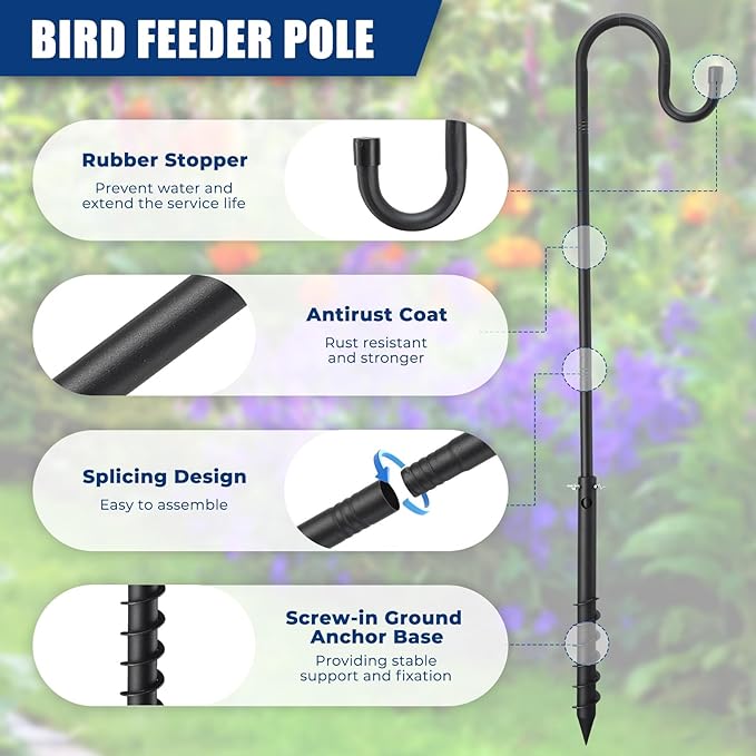 Bird Feeder Pole, 108" Shepherds Hooks for Outdoor with Anchor Base for Hanging Plants, 4/5 Inch Diameter Metal Shepherd Hook Hanger Stick for Hanging Bird Feeders, Wind Chimes