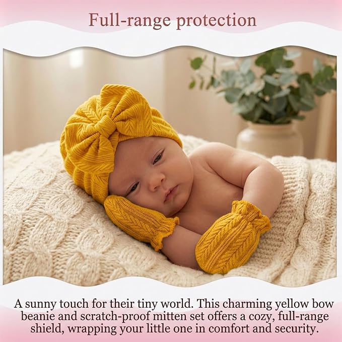 Newborn Baby Girl Hats Mittens Set Cotton Hospital Bow Hat Beanies Caps Gloves for New Born Girls 0-6 Months