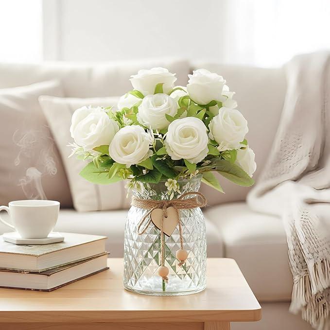 Faux Flowers in Vase, 18 Pcs Fake Rose Flowers, Artificial Flowers for Home Decor, Indoor Centerpiece for Living Room & Dining Table - White