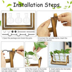 Kingbuy Desktop Glass Planter Iron and Wooden Stand Plant Terrariums for Indoor Office Desk Decor Accessories, 3 Bulb Vases, Brown