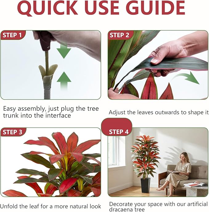 Artificial Red Dracaena Tree - 5FT Tall Fake Plants with Black Square Planter - Artificial Plants Indoor Floor Plant in Pot - Large Tropical Fake Yucca Potted Tree for Home Office Living Room Decor