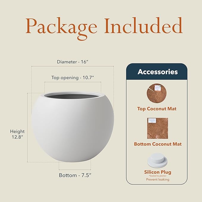 12.8" H x 16" D Premium Globo Fiberstone Round Planter - Smooth Finishes, Weather Resistant for Indoor & Outdoor Use, Included 2 Extra Coco Mats (Light Gray, 10.7" Pot Opening)