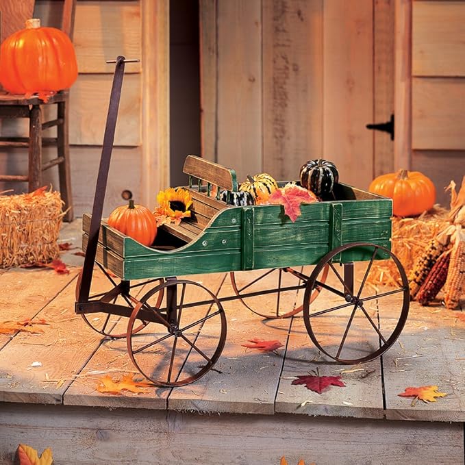 Collections Etc Amish Wagon Decorative Indoor/Outdoor Garden Backyard Planter, Green