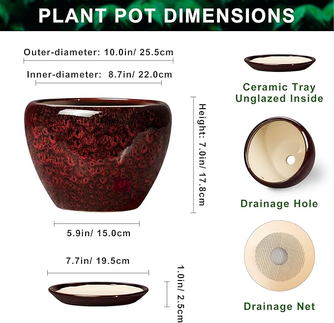 Ceramic Plant Pots - 10 Inch Planters for Plants Indoor Outdoor, Round Plant Pots with Drainage Hole and Saucer, Decorative Indoor Planter, Office Decor, Gifts for Plant Lovers, Red Leopard