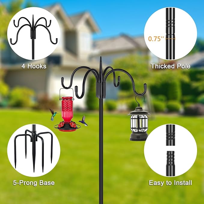 FEED GARDEN 92 Inch Four Shepherd Hooks for Outdoor,Bird Feeder Pole with 5 Prong Base, Adjustable Shepard Hooks for Hanging Plant, Solar Lanterns, Wind Chimes, 2 Pack
