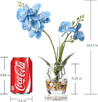 Jusdreen Artificial Blue Orchid in Glass Vase, Realistic Phalaenopsis Arrangement with Potting for Home Office Table Decor, 14.5 Inch Flower Centerpiece