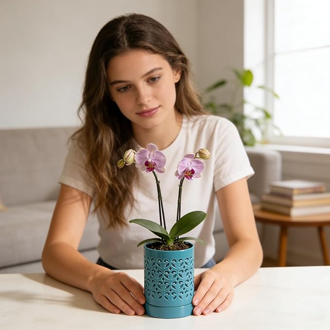 Ceramic Orchid Pot 4 Inch, Orchid Pots with Holes, Plant Pot for Repotting, Flower Planter Pot Indoor Outdoor, Green Chirstmas Gift for Women.