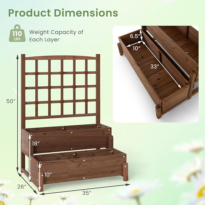Byroce Outdoor Raised Garden Bed, Garden Planter Box with Lattice Trellis, Legs & Drainage Hole, 2-Tier Standing Elevated Planter for Flower, Fruit, Vegetable & Climbing Plants in Patio, Balcony (2)