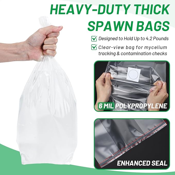 GREANER 50 Packs Mushroom Spawn Bag, 6 Mil Mushroom Growing Bag with 0.2 Micron Filter Breathable, Extra Thick 6"x5"x20" Spawn Bags