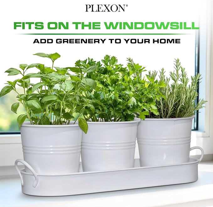 Plexon Herb Planter Indoor Garden Set of 3 with Tray, Metal Herb Pots for Indoor Plants, Round Kitchen Garden Kit Ideal for Windowsill Planter or Countertop, White Powder Coated
