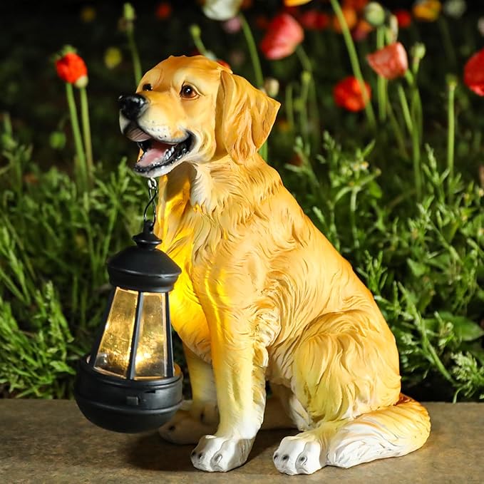 Garden Dog Statues Outdoor Decor, Solar Lights Outdoor Golden Retriever Figurine Solar Dog Ornaments for Patio, Lawn, Yard Art Decoration, Housewarming Garden Gifts for Mom
