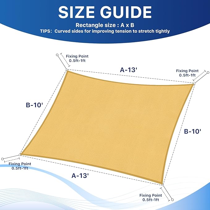 RoomHacks 10'x13' Sun Shade Sail, UV Protection Outdoor Shade, Curved Tear Resistant Heavy Duty Sun Shade for Patio Garden, Backyard, Deck, Car Port, Playground, (Sand)