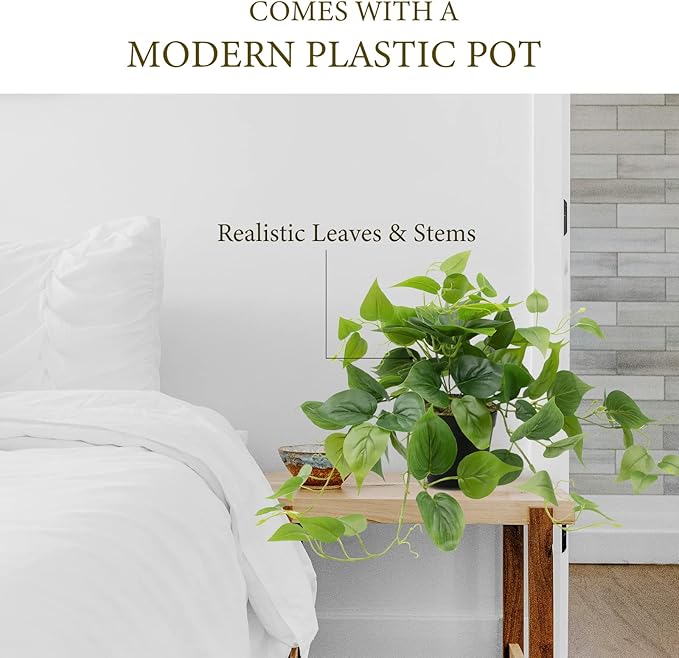 LOYWREE Artificial Scindapsus Aureus Fake Pothos Plants in Black Pots - Realistic Faux Indoor Greenery Potted for Home, Office, Desk, Shelf, Living Room, Bedroom, Balcony, Patio & Garden Decor