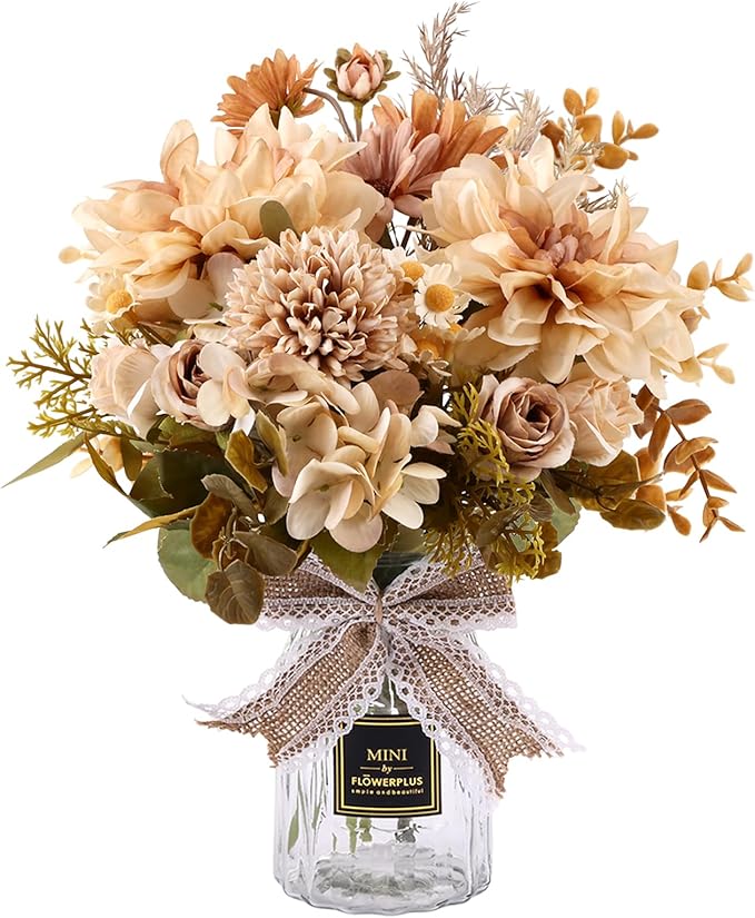 CEWOR Fake Flowers in Vase, Artificial Flowers with Vase Faux Silk Floral Arrangement Table Centerpieces Decor for Home Office Dining Farmhouse Coffee Table Living Room Bathroom Plant Decor .Brown