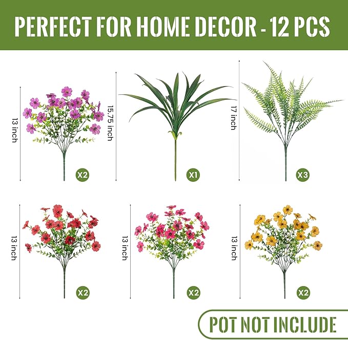 INXUGAO Artificial Fake Flowers Plants for Outdoor Spring Summer Decor, 12 Bundles Faux Silk Flowers for Outdoor Outside Planter Colorful Daisy UV Resistant Look Real for Front Door Porch Patio Yard