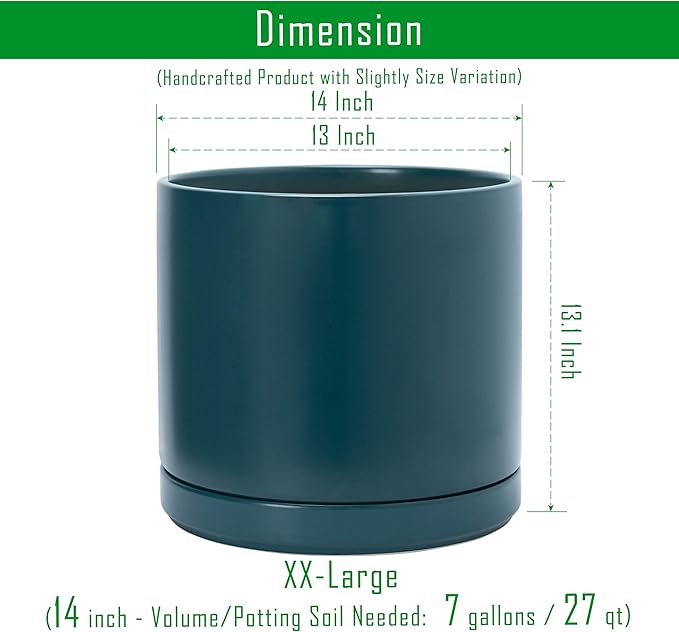 D'vine Dev 14 Inch Ceramic Planter Pot with Drainage Hole and Saucer, Indoor Cylinder Round Planter Pot, Teal, 94-O-G-9
