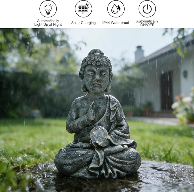 Suyorpe Buddha Statue Outdoor Statues with Solar Lights - Sitting Buddha Figurine for Garden, Zen Decor for Garden,Home, Patio, Lawn,Yard Balcony