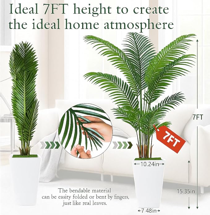 7FT Artificial Palm Tree, Tall Artificial Tree Plants with Fake Plants, Large Faux Plants Indoor with Lifelike Leaves for Outdoor Indoor Home Office Living Room Decor (White)