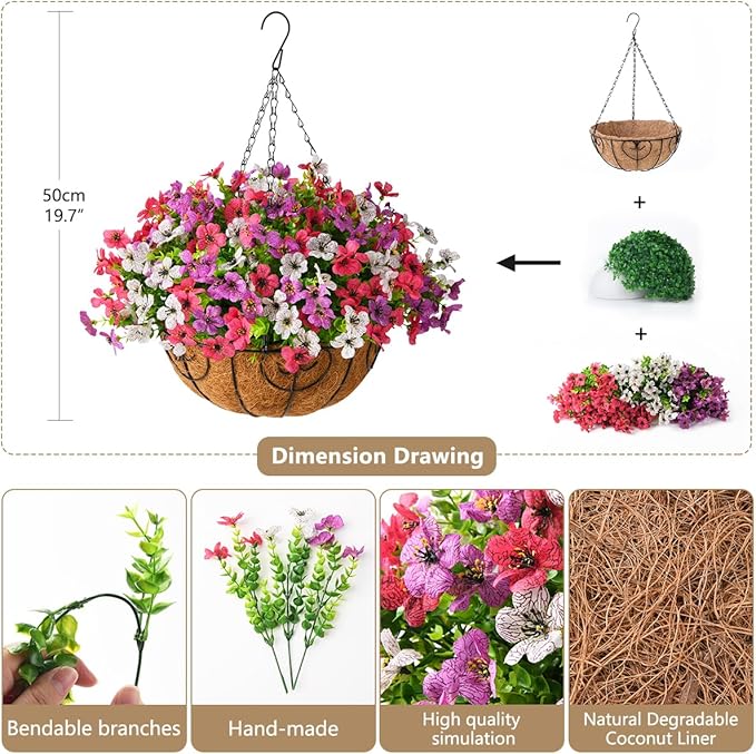 Artificial Faux Hanging Plants Flowers Basket for Outdoor Spring Summer Decoration,Fake Silk Daisy in Planter Realistic UV Resistant for Outside Home Porch Patio Balcony Yard(Purple White Rose)