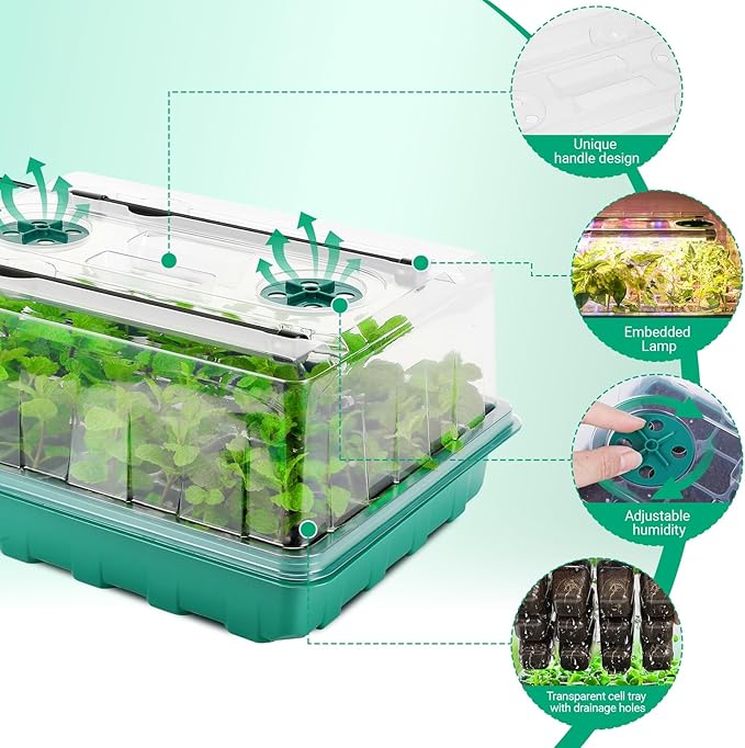 96 Cell Seed Starter Tray with Grow Light, Seed Starting Trays with Adjustable Humidity Dome, Seed Starter Kit Plant Starter Kit for Seeds Growing Starting, Indoor Gardening (No Self-watering)
