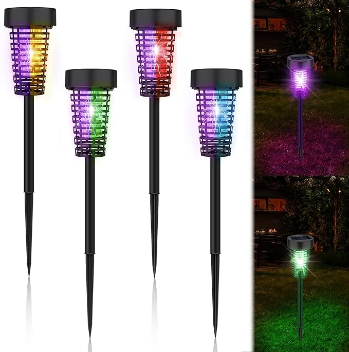 Qualirey 4 Pack Solar Bug Zapper Outdoor Waterproof Mosquito Repellent Killer Bug Zapper Lamp with LED Light for Outdoor Garden Patio Yard (Purple and Colorful Light,Black)