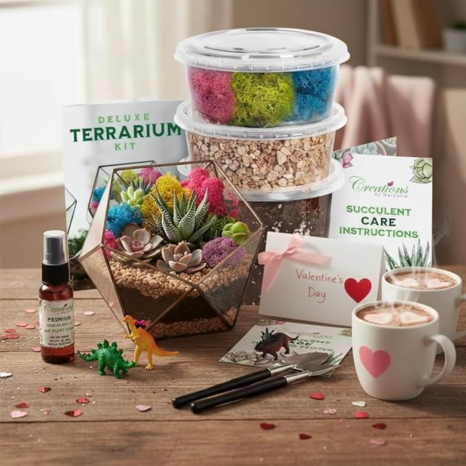 Creations by Nathalie – DIY Large Terrarium Starter Kit with Soil, Moss, Pebbles, Healing Crystal, Tools & Supplies – Terrarium Kit for Adults & Kids, Handcrafted in USA