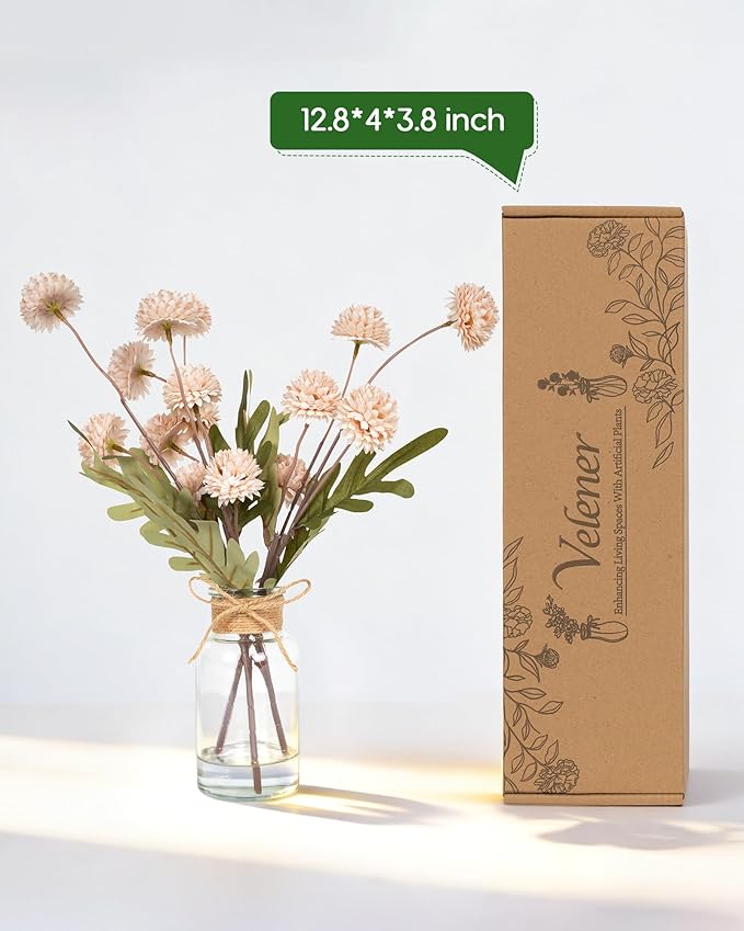 Velener Beige Faux Silk Mums Fake Flowers in Vase with Faux Water, Fake Plants Artificial Flowers for Home Decor Kitchen Bathroom Farmhouse Living Room Coffee Table Small Faux Centerpieces for Tables