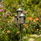 Zaer Ltd. Large Silver Colored Multi-Birdhouse Stakes, Room for 4 Bird Families in Each (Plump Triple Cylinder Homes (Silver Color))