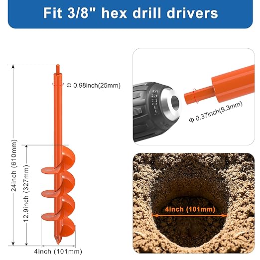 Upgraded Auger Drill Bit for Post Hole Digger 4 X 24 Inch Heavy Duty Steel Garden Bulb Planting Auger for Drill Beach Umbrella, Mailbox Posts