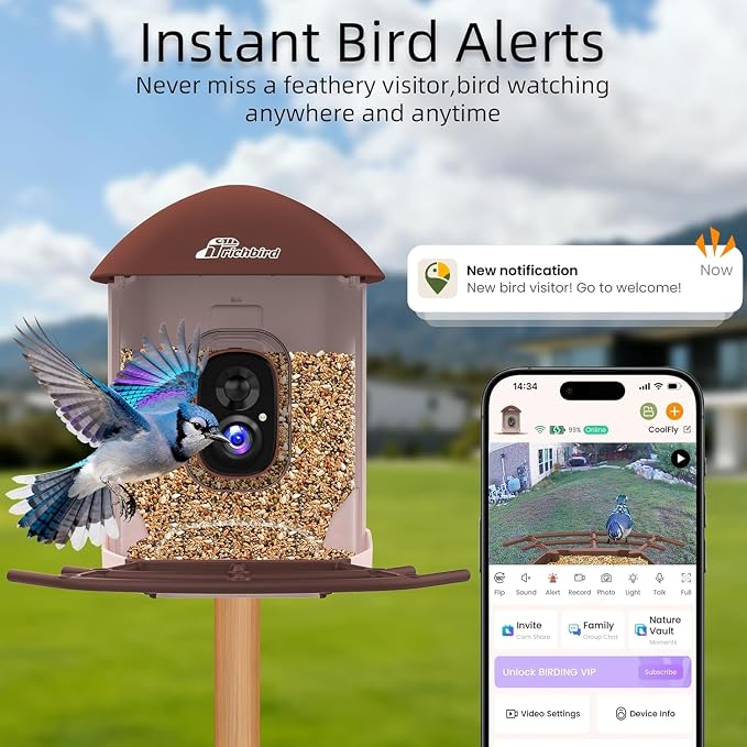 Smart Bird Feeder with Camera Solar Powered, 2.5K HD Birdwatching Camera with Free AI Bird Identification, Instant Notifications & Auto Video Capture, for Dad Granpa Birdlovers, Brown