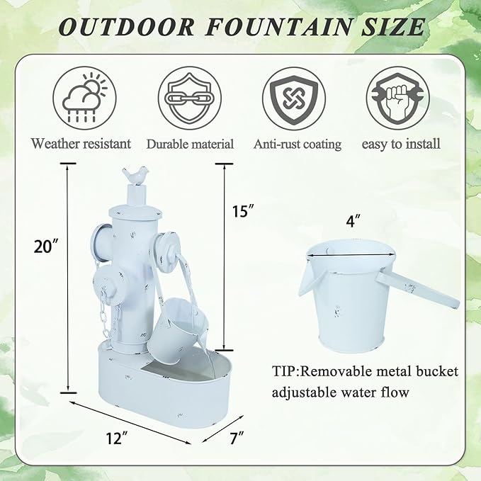 Metal Fire Hydrant Solar Water Fountain with Backup Battery,Solar Powered Water Fountain Outdoor,Solar Fountain Bird Bath for Garden, Patio & Yard Decor,Working at Night for at Least 6 Hours (White)