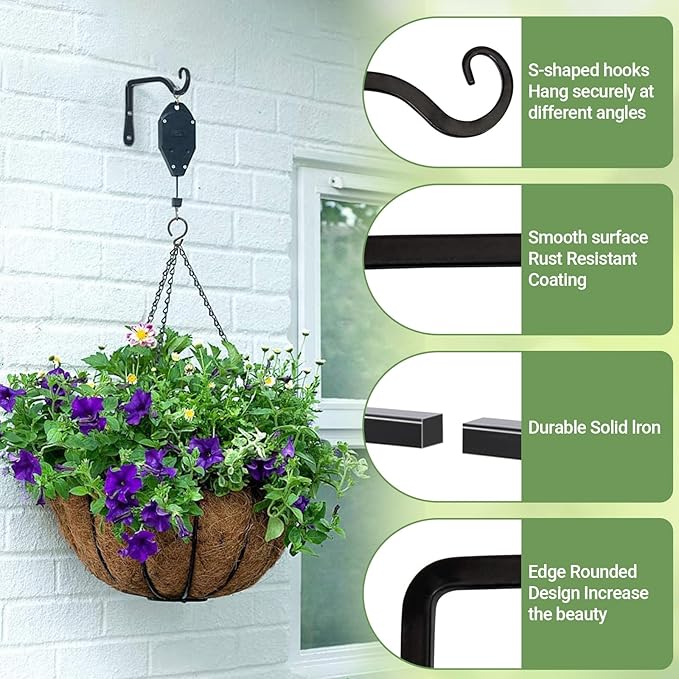 Mkono Plant Hangers Indoor, 6 Inch Metal Plant Bracket, Decorative Wall Hooks for Hanging Plants, Bird Feeder, Flower Basket, Wind Chimes, Home Outdoor Decor, 2 Pack Black