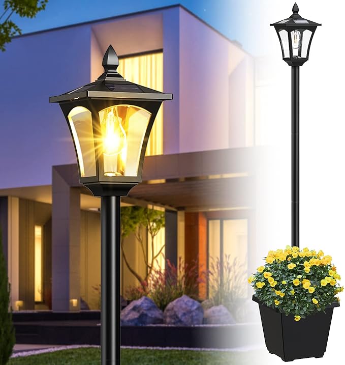ILANCK 64 Inch Solar Lamp Post Light with Planter, 60 High Lumens Street Light, Solar Post Lights Waterproof for Garden, Pathway, Lawn, Driveway, Front Back Door Outdoor Pole Lamp（Warm）