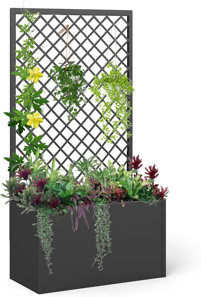 MOTION Outdoor Raised Garden Bed with Trellis - Free Standing Planter for Hanging Flower Baskets Lattice Planter Boxes, Black