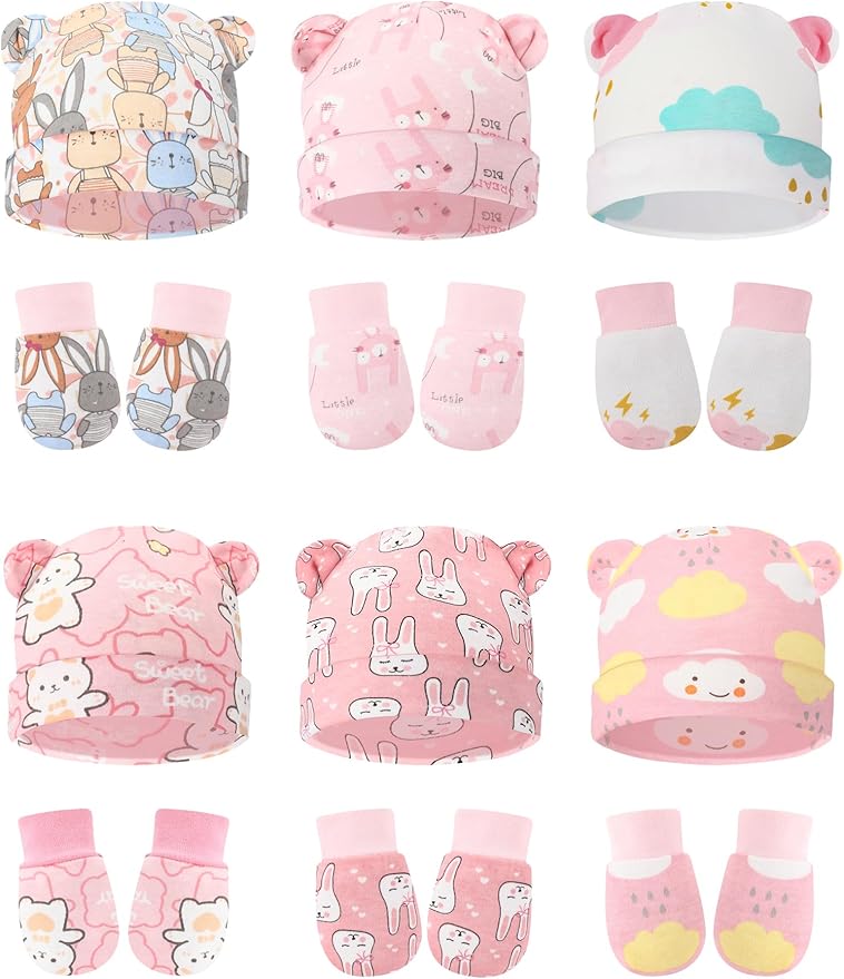 Geyoga 12 Pieces Newborn Hat Mittens Gloves Set Baby Boys Girls Cotton Baby Beanie for 0-12 Months