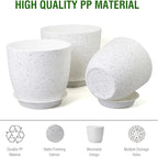 WSMKSZ 10/9/8 inch Medium Plant Pots, Set of 3 Modern Decorative Plastic Planters with Drainage Holes and Saucers for Garden House Plants, Flower Pots for Indoor Outdoor Plants, Speckled White