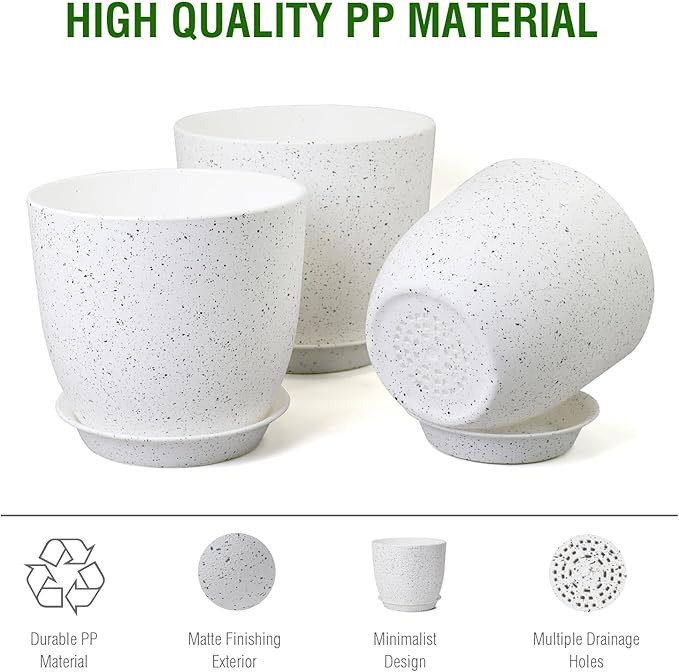 WSMKSZ Large Flower Pots 12/10/9 inch, Set of 3 Modern Decorative Plastic Planters with Drainage Holes and Saucers for Garden House Plants, Plant Pots for Indoor Outdoor Plants, Speckled White