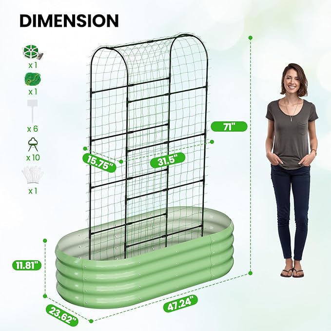 DoCred 2 in 1 Galvanized Raised Garden Bed, 2Pcs Garden Planter Box with 71" H Trellis for Climbing Plants, Outdoor Gardening Raised Beds with Climbing Net for Fruits, Vegetables, Flower (Green)