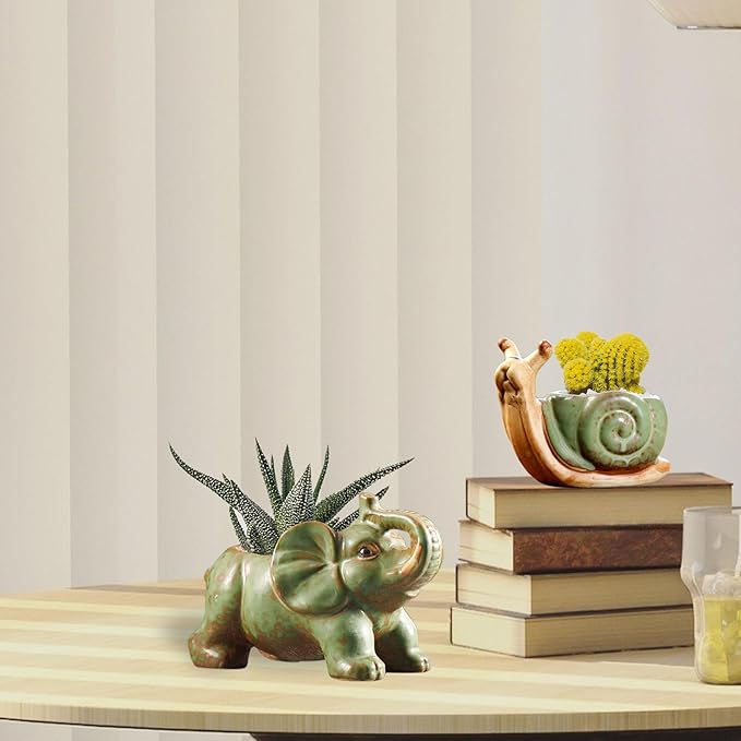 DIYOMR Small Ceramic Planter Pot, 4.3" Vintage Bronze Animal Planters Ceramic Flowerpot Succulent Pots Cactus Pot for Office Home Desktop Decor - Plants Not Included (Pleasant Elephant)