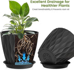 UOUZ 8 Inch Plant Pots, 4 Pack Plastic Planters for Indoor Outdoor with Drainage Holes & Saucers, Waffle Texture Flower Pots for Indoor Plants, Indoor Plant Pots for Monstera, Fiddle Leaf Fig, Black