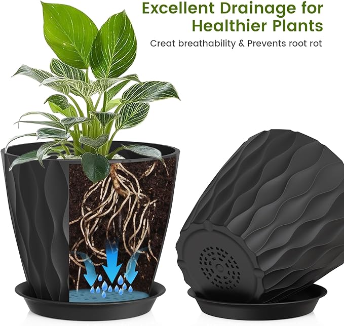 UOUZ 8 Inch Plant Pots, 4 Pack Plastic Planters for Indoor Outdoor with Drainage Holes & Saucers, Waffle Texture Flower Pots for Indoor Plants, Indoor Plant Pots for Monstera, Fiddle Leaf Fig, Black